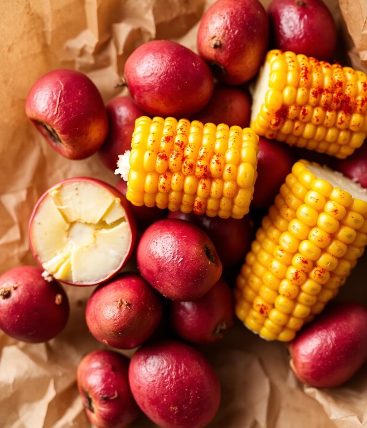 Boiled corn and red potatoes on butcher paper